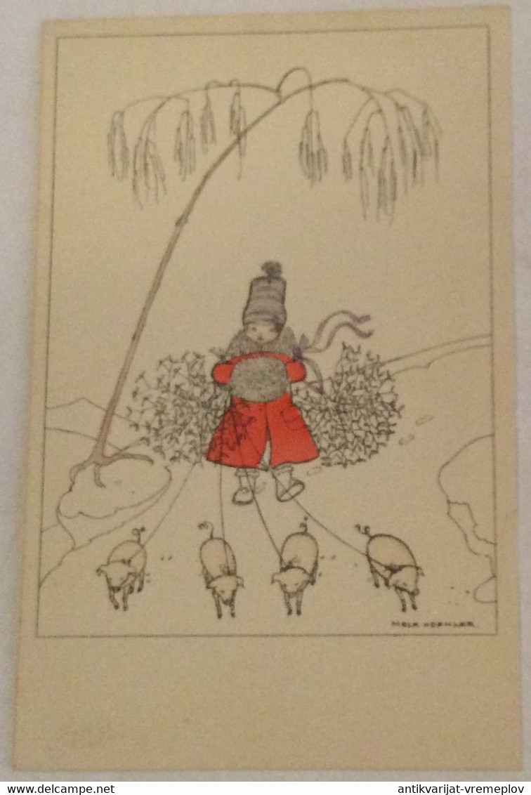 POSTCARD Illustrators - Signed > Koehler, Mela GIRL WITH PIGS AK OLD UNUSED POSTCARD VERY GOOD CONDITION - Koehler, Mela