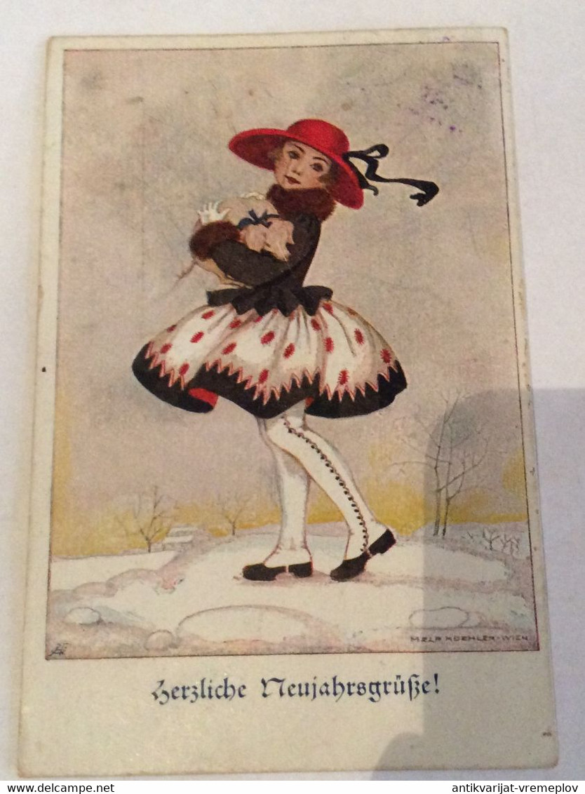 POSTCARD Illustrators - Signed > Koehler, Mela KINDER GIRL WITH PIG HAPPY NEW YEAR  AK OLD USED POSTCARD - Koehler, Mela