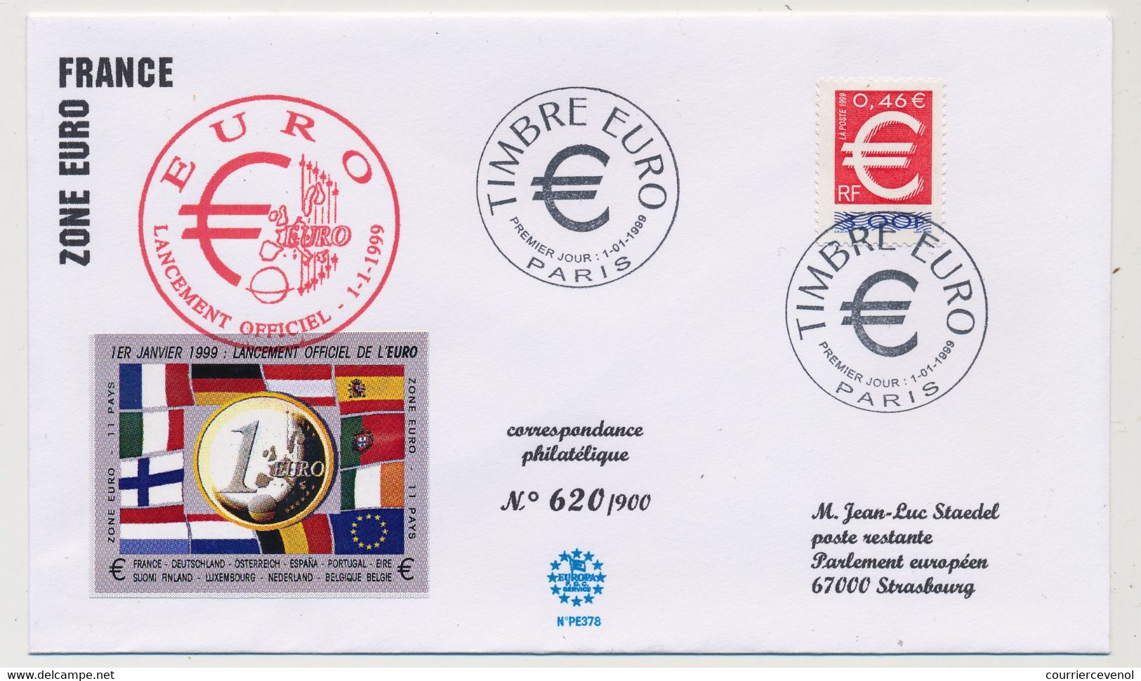 FRANCE => Env FDC - TIMBRE EURO - 1/1/1999 Paris - Avec Vignette Collée à Gauche "Lancement Officiel De L'Euro" - 1990-1999