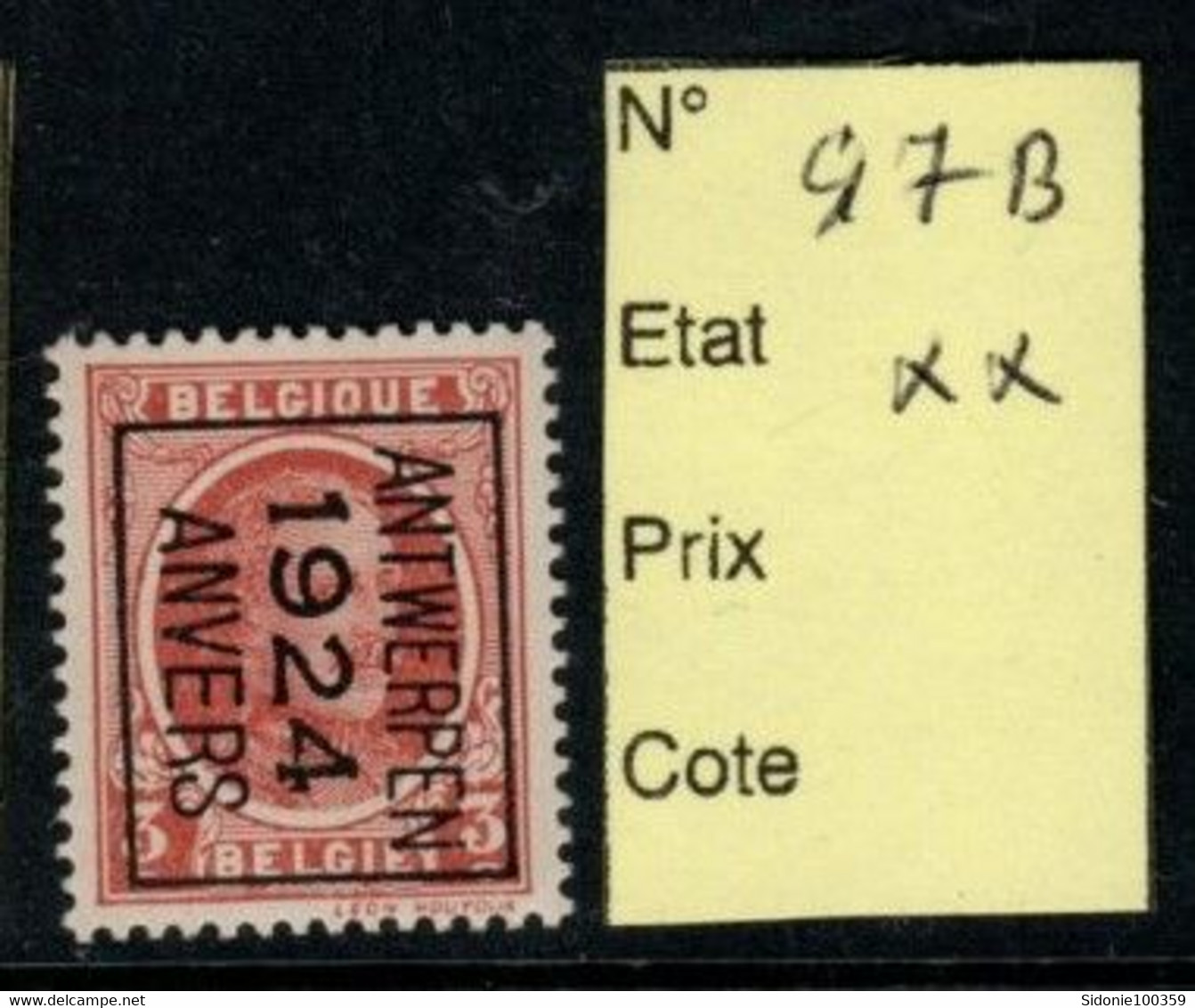 Préoblitéré Typo N° 97 B Anvers 1924 XX - Typografisch 1922-31 (Houyoux)