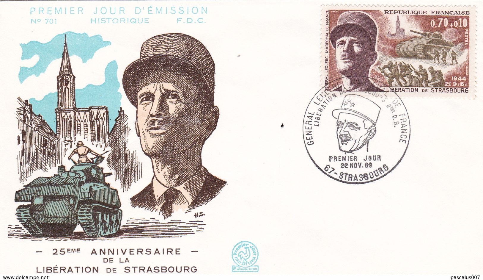 B01-290 Enveloppe FDC France Général Leclerc Maréchal France 22-11-1969 67 Strasbourg - Altri & Non Classificati