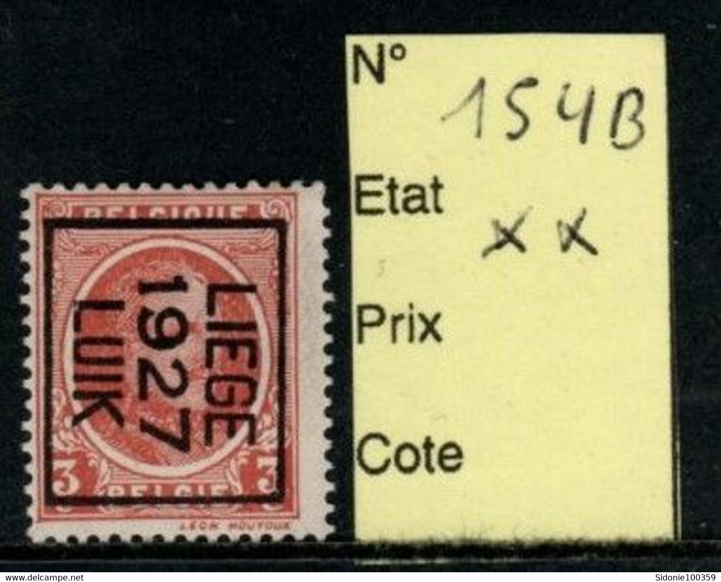 Préoblitéré Typo N° 154 B Liège 1927 XX - Typos 1922-31 (Houyoux)