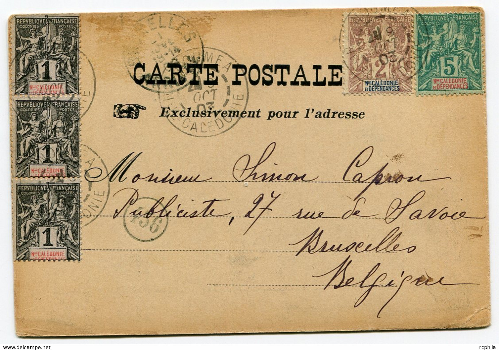 RC 19874 Nelle CALEDONIE 1903 GROUPE TARIF A 10c SUR CARTE POSTALE POUR LA BELGIQUE - Cartas & Documentos