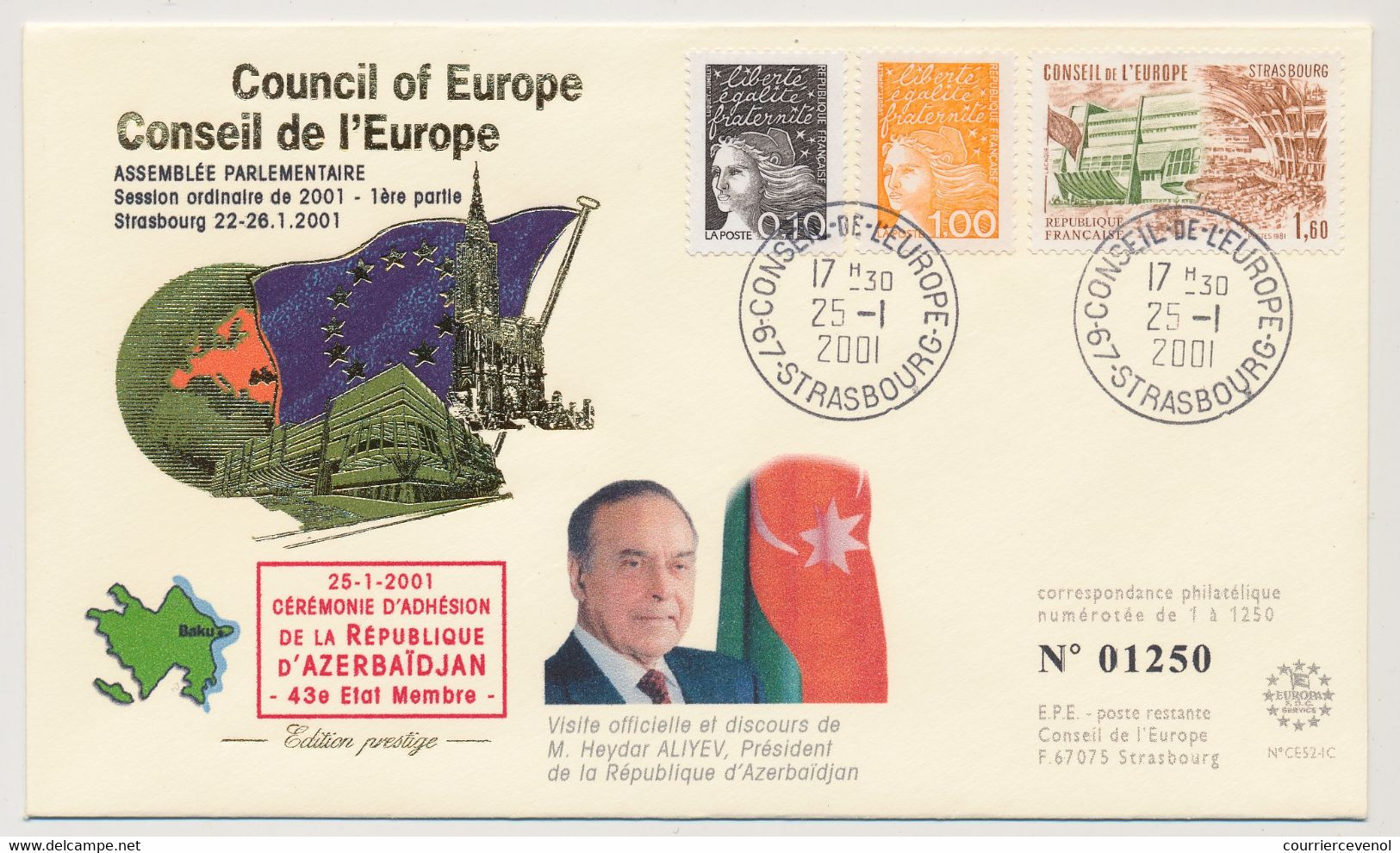 FRANCE => Env Affr Composé - Conseil De L'Europe Strasbourg 25/1/2001 - M. Heydar ALIYEV, Rep D'Azerbaïdjian - Covers & Documents