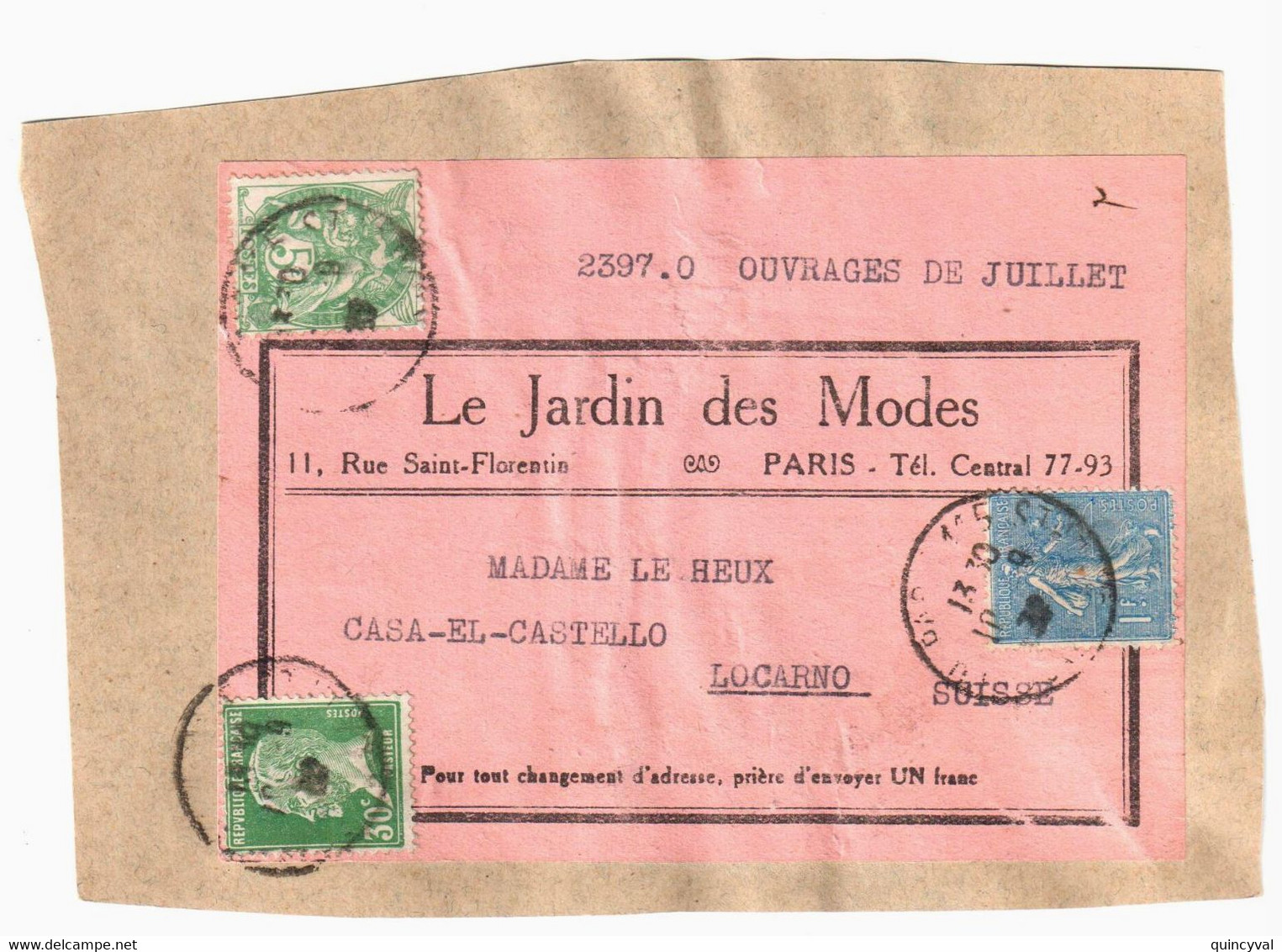 PARIS 115 Fragment Bande Journal Jardin Des Modes Dest Suisse Ob 1932 5c Blanc 30c Pasteur 1F Semeuse Yv 111 205 174 - Briefe U. Dokumente