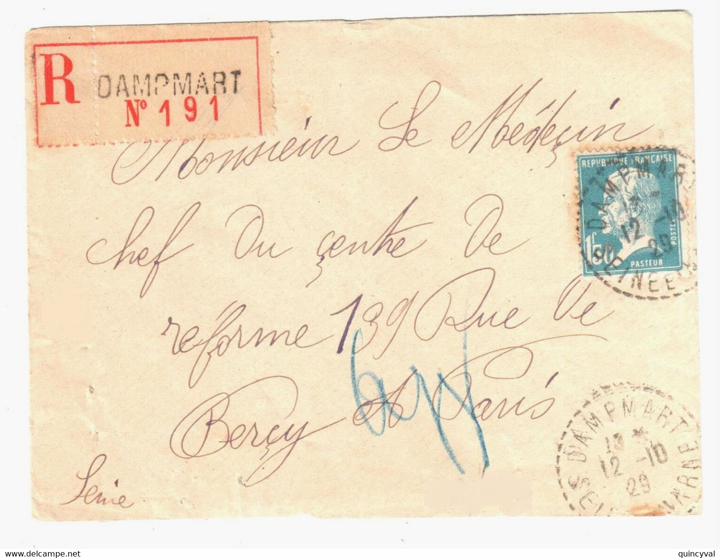 DAMPMART Seine Et Marne Lettre Recommandée 1,50F Pasteur Yv 181 Ob 1929 Cercle Pointillé Lautier B4 - Cartas & Documentos