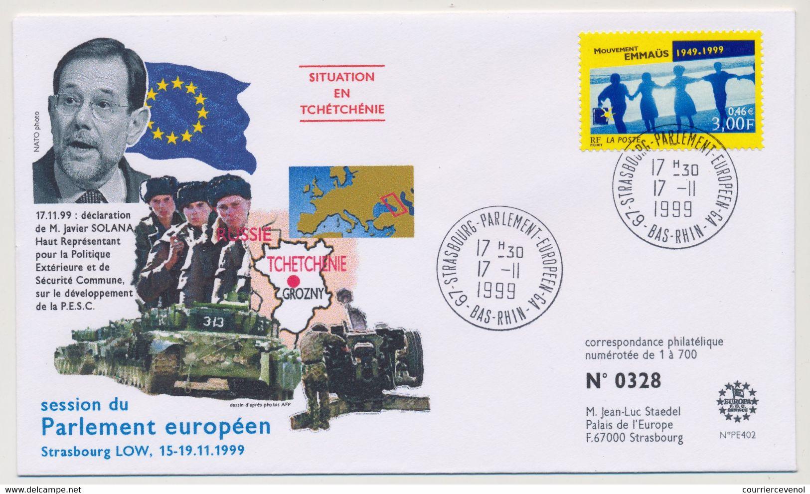 FRANCE => Env 3,00F Emmaüs - Strasbourg Parlement Européen GA - 17/11/1999 - Situation En Tchéchénie - Cartas & Documentos