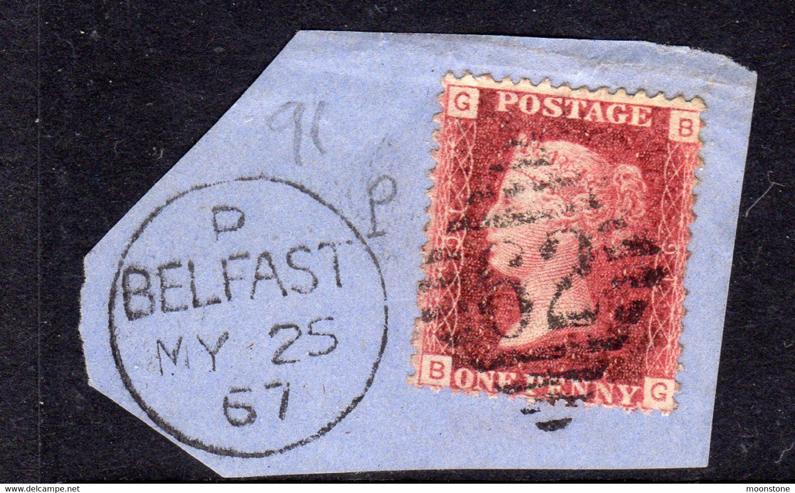 Ireland 1844 Numeral Cancellations: 62 Belfast Duplex On Piece, 1864 1d Red, Plate 91, GB, 1867, SG 43/4 - Prephilately