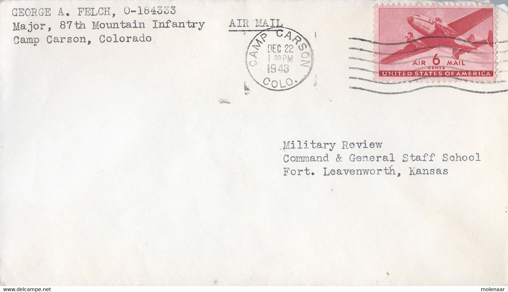 U.S.A. Luchtpostbrief  "Camp Carson"  22-dec-1943 (382) - Andere & Zonder Classificatie