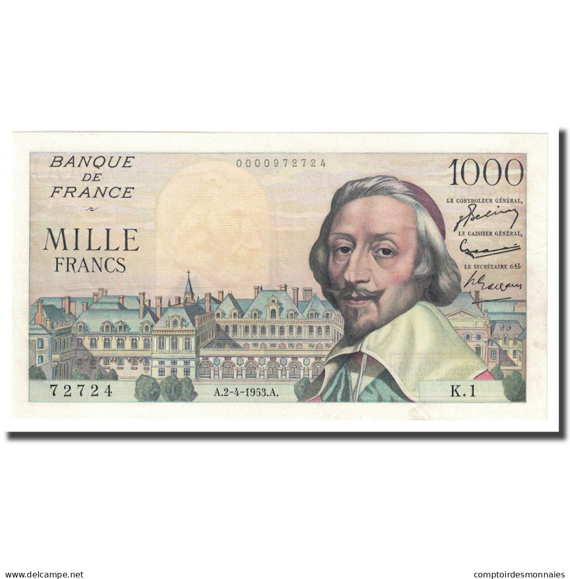 France, 1000 Francs, Richelieu, 1953, 1953-04-02, NEUF, Fayette:VF 42.1, KM:134a - 1 000 F 1953-1957 ''Richelieu''