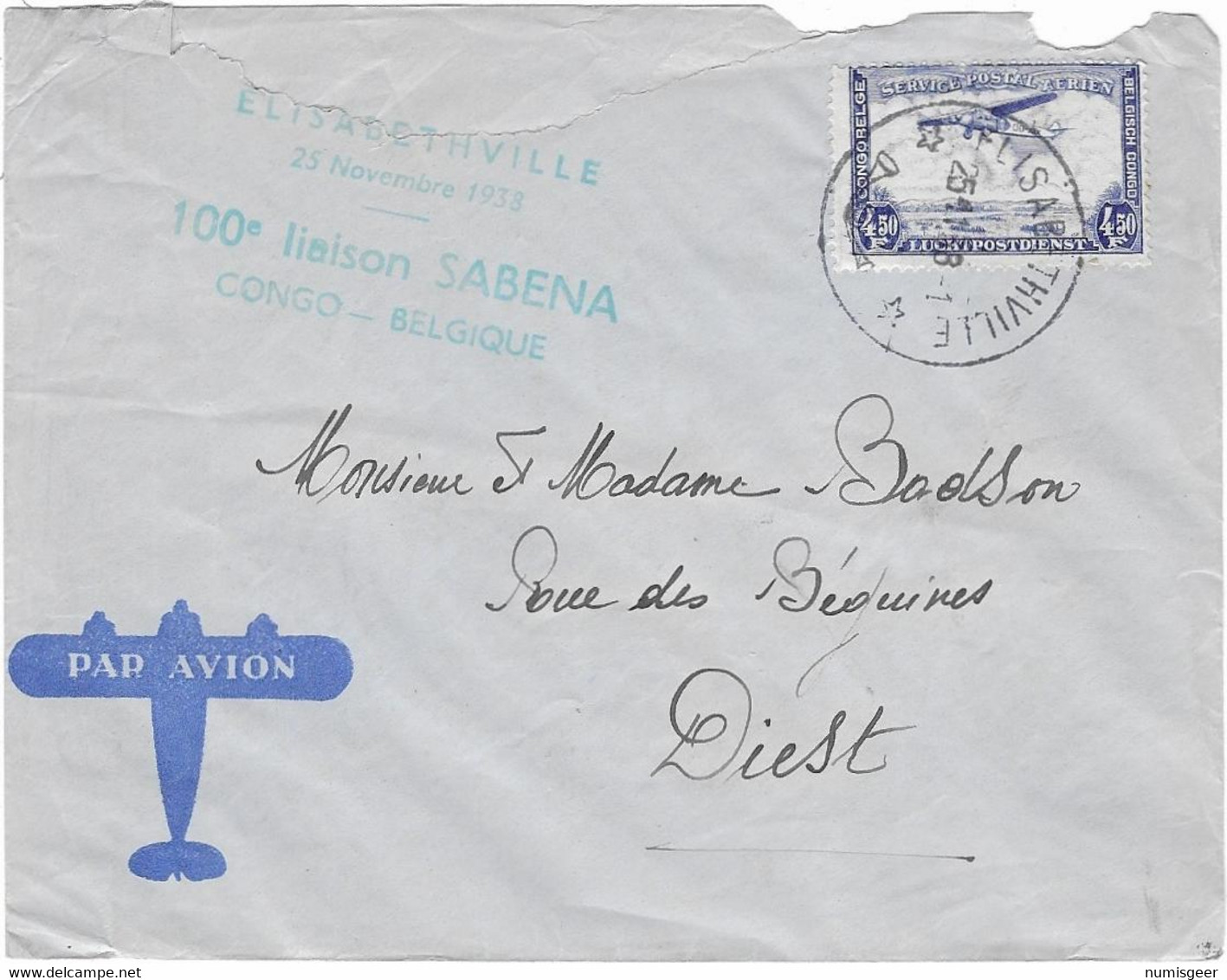 LETTRE Par Avion Du CONGO  ( Elisabethville ) Vers  BELGIQUE ( Diest )1938 -100° Liaison SABENA -CONGO-BELGIQUE - Cartas & Documentos