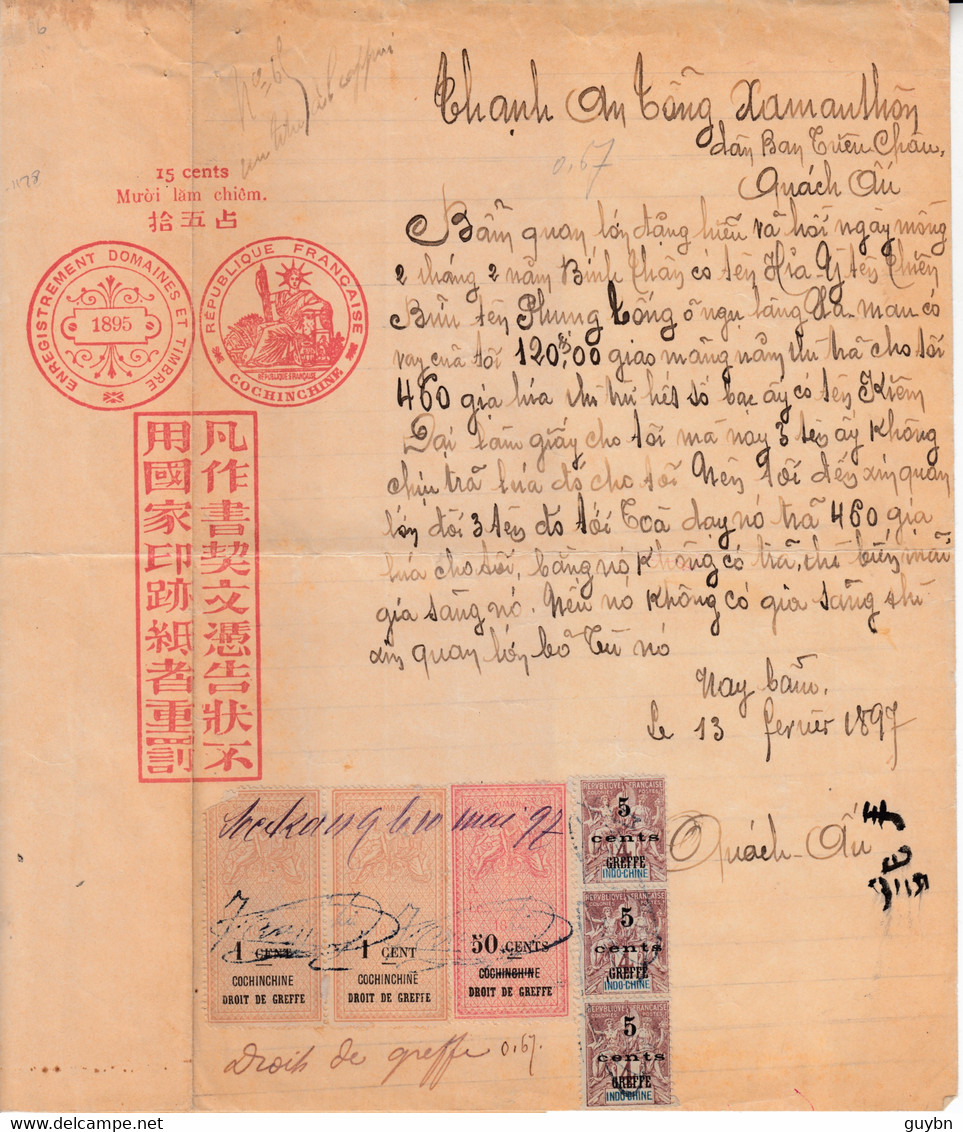 < Cochinchine Feuille D'enregistrement Des Domaines Timbrée à 15 C. Rouge Avec 67 C En Timbres De Droits De Greffe - Brieven En Documenten