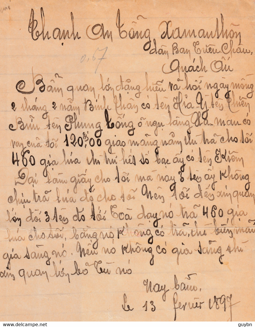 < Cochinchine Feuille D'enregistrement Des Domaines Timbrée à 15 C. Rouge Avec 67 C En Timbres De Droits De Greffe - Lettres & Documents