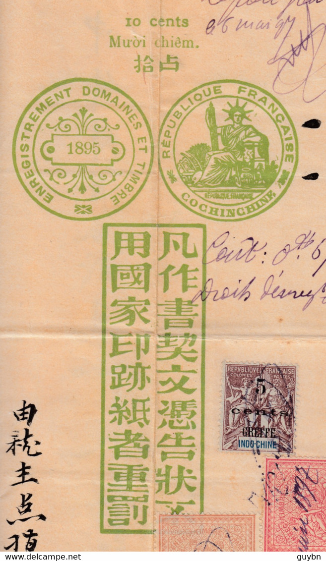 < Cochinchine Feuille D'enregistrement Des Domaines Timbrée à 10 C. Vert Avec 67 C En Timbres De Droits De Greffe RRR - Covers & Documents