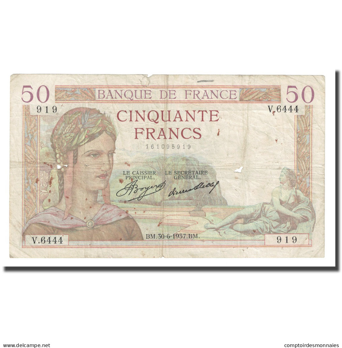 France, 50 Francs, Cérès, 1937, 1937-06-30, TB, Fayette:17.40, KM:81 - 50 F 1934-1940 ''Cérès''