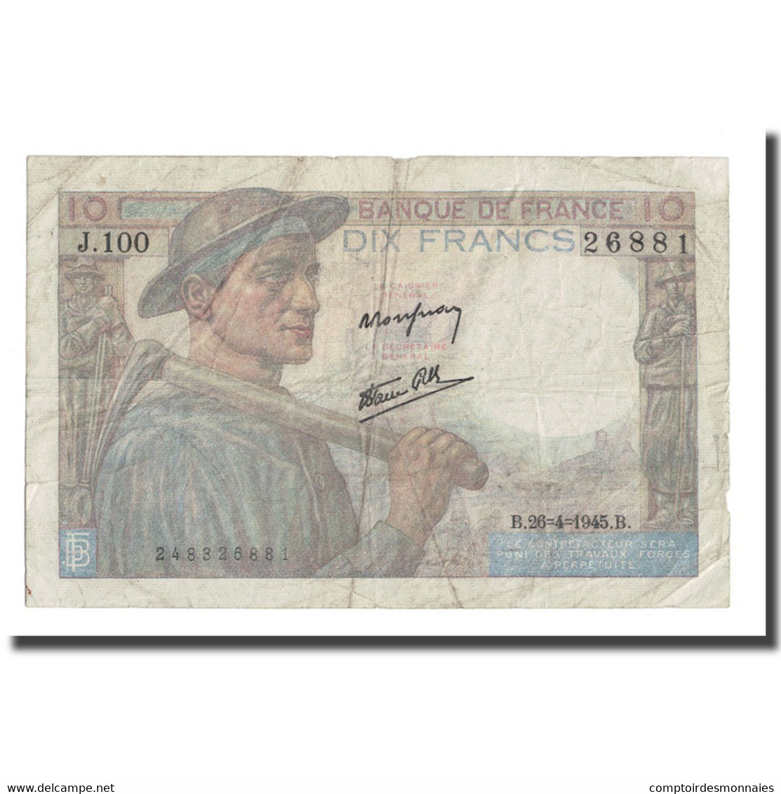 France, 10 Francs, Mineur, 1945, 1945-04-26, TB+, Fayette:8.14, KM:99e - 10 F 1941-1949 ''Mineur''