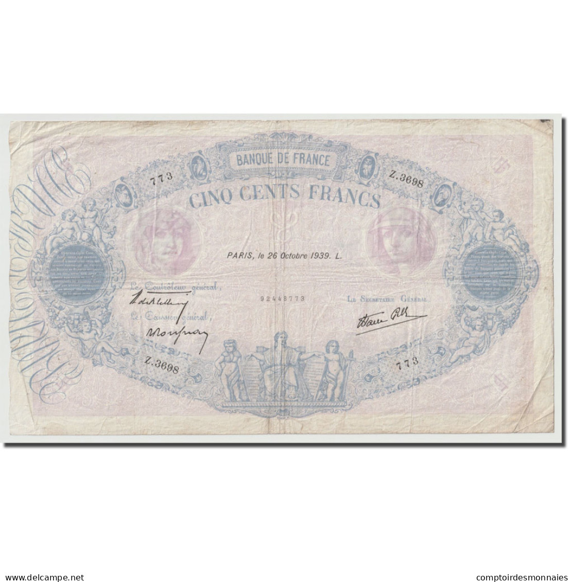 France, 500 Francs, Bleu Et Rose, 1939, 1939-10-26, TTB, Fayette:31.45, KM:88c - 1 000 F 1889-1926 ''Bleu Et Rose''