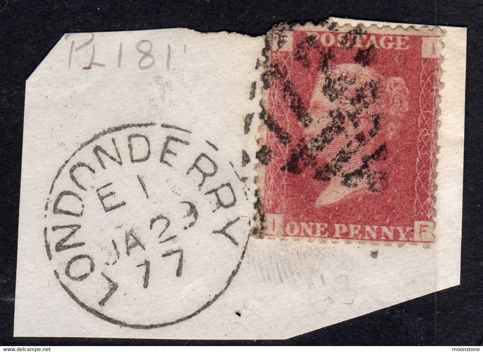 Ireland 1844 Numeral Cancellations: 172 Derry Londonderry On Piece, 1864 1d Red, Plate 181, FI, SG 43/4 - Prefilatelia