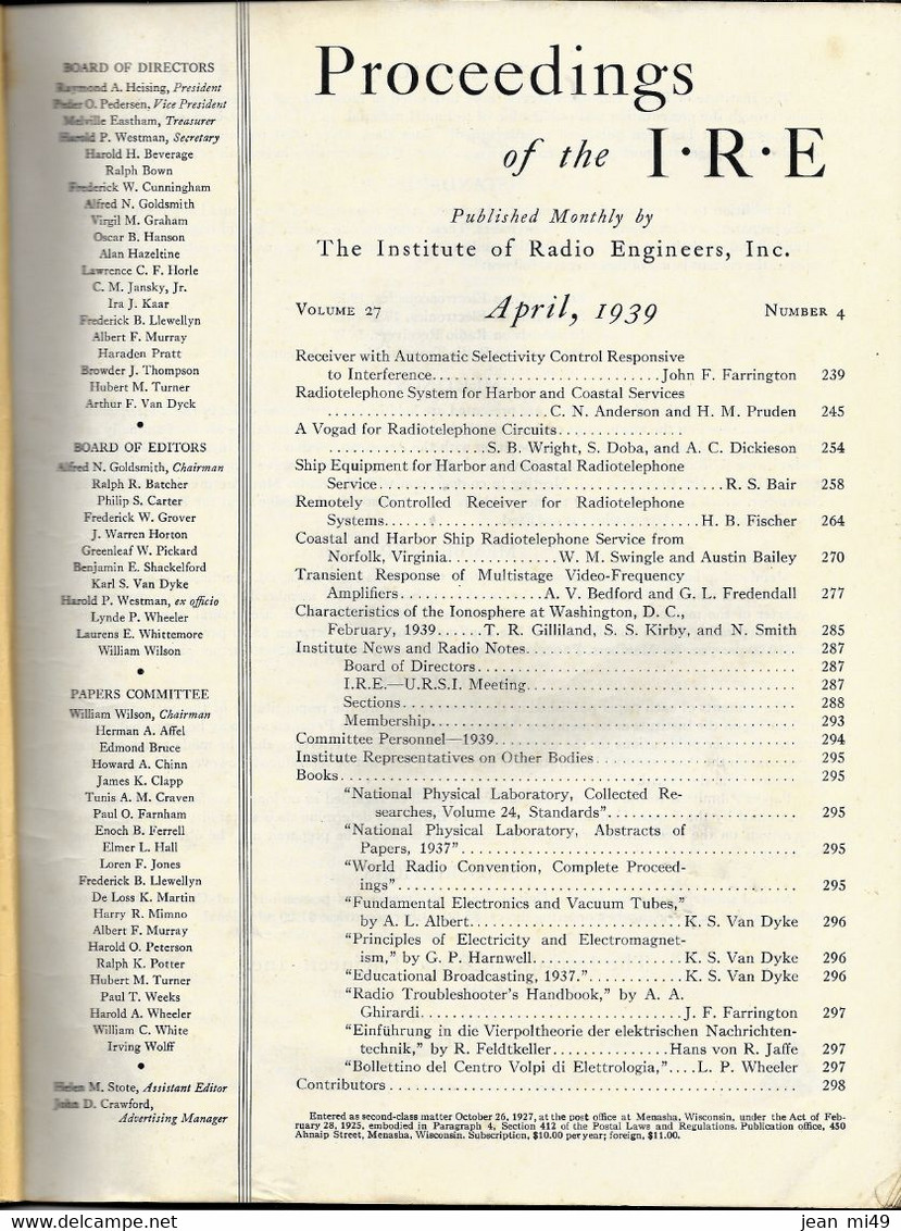 LIVRE - PROCEEDINGS OF THE I.R.E. - AVRIL 1939 - Institue Of Radio Engineers - - 1900-1949