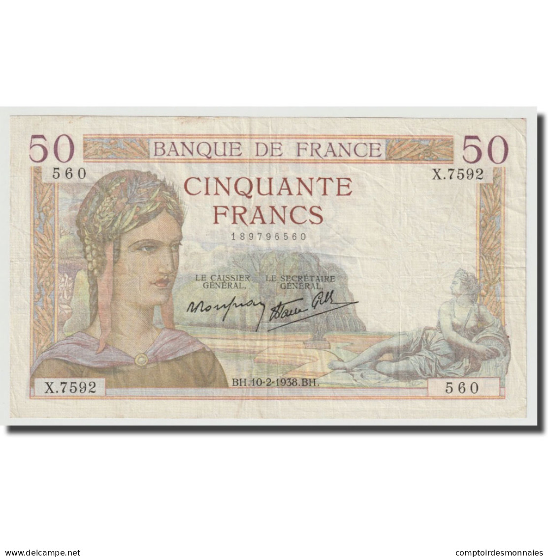France, 50 Francs, Cérès, 1938, 1938-02-11, TTB, Fayette:18.08, KM:85b - 50 F 1934-1940 ''Cérès''
