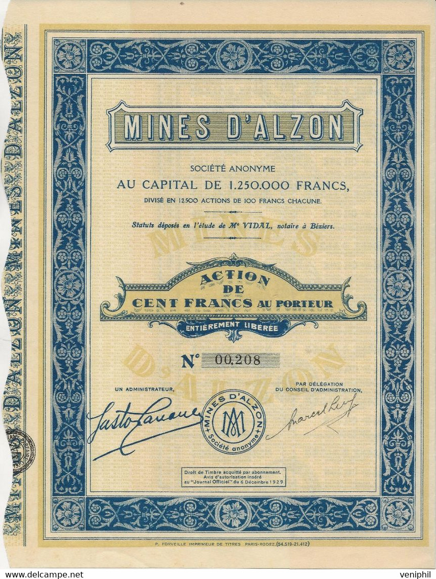 SOCIETE DES MINES D'ALZON - ACTION DE 100 FRS - ANNEE 1929 - Mineral