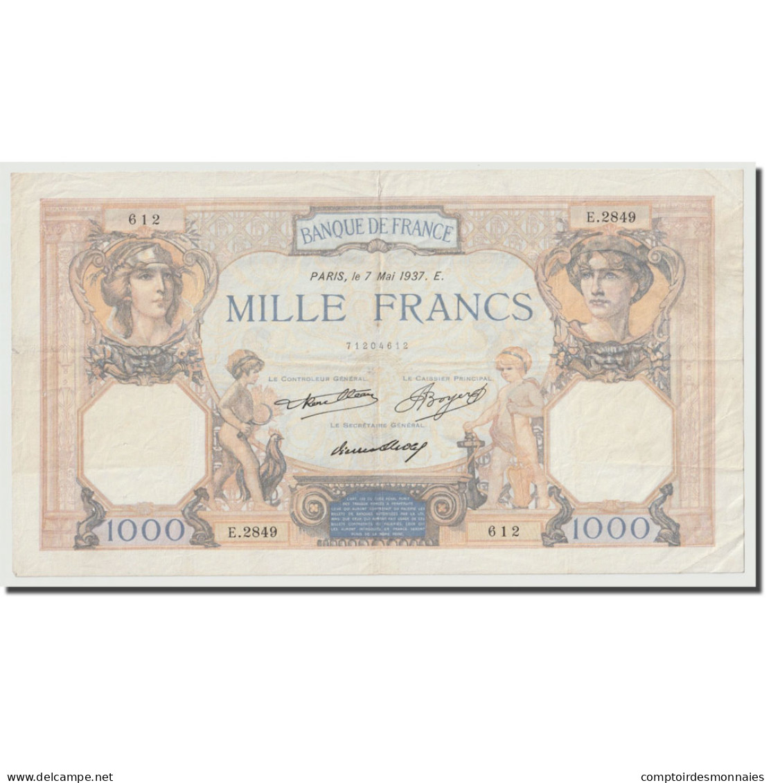 France, 1000 Francs, Cérès Et Mercure, 1937, 1937-05-07, TTB, Fayette:37.10 - 1 000 F 1927-1940 ''Cérès Et Mercure''