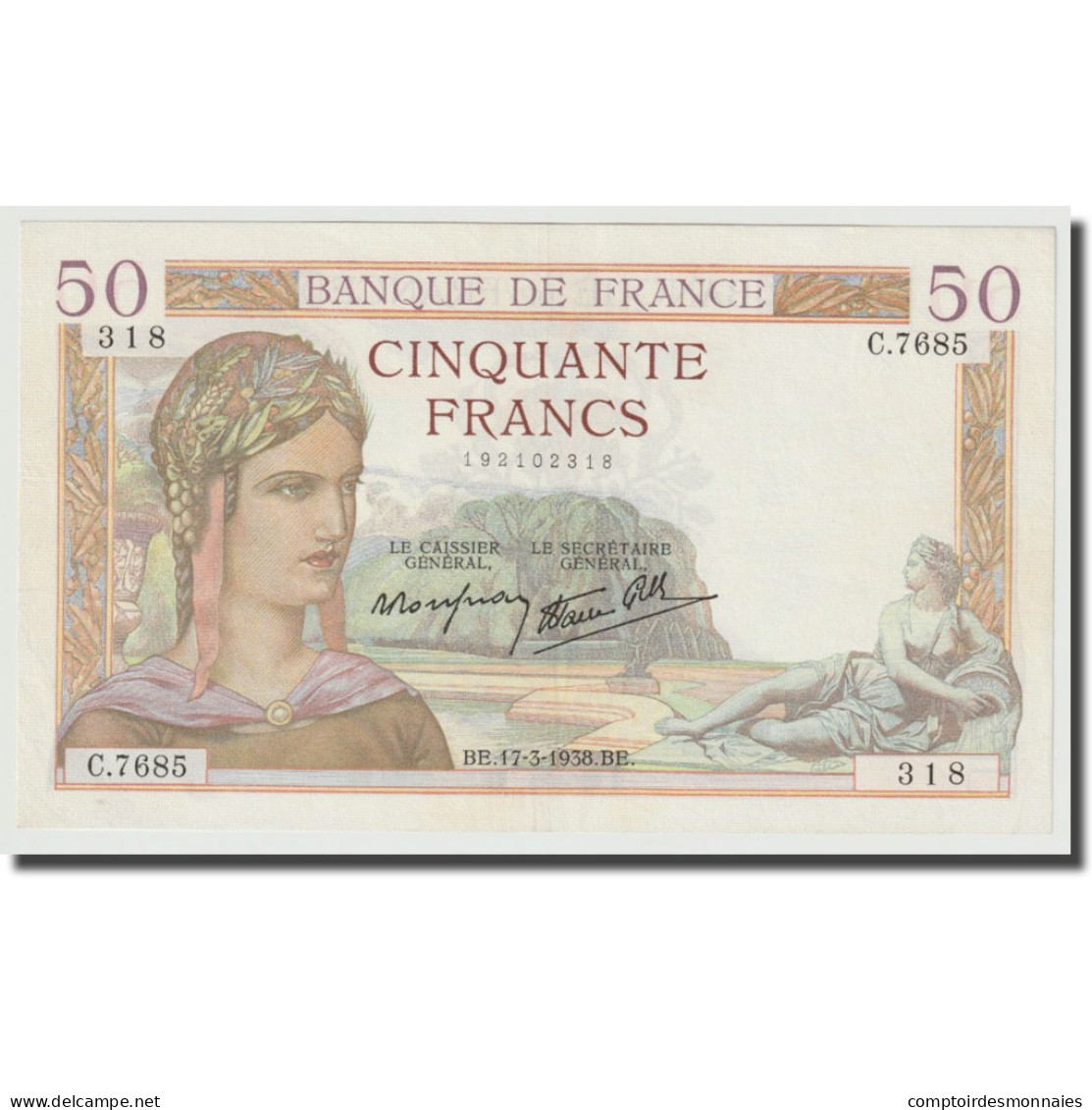 France, 50 Francs, Cérès, 1938, 1938-03-17, SPL+, Fayette:18.10, KM:85b - 50 F 1934-1940 ''Cérès''