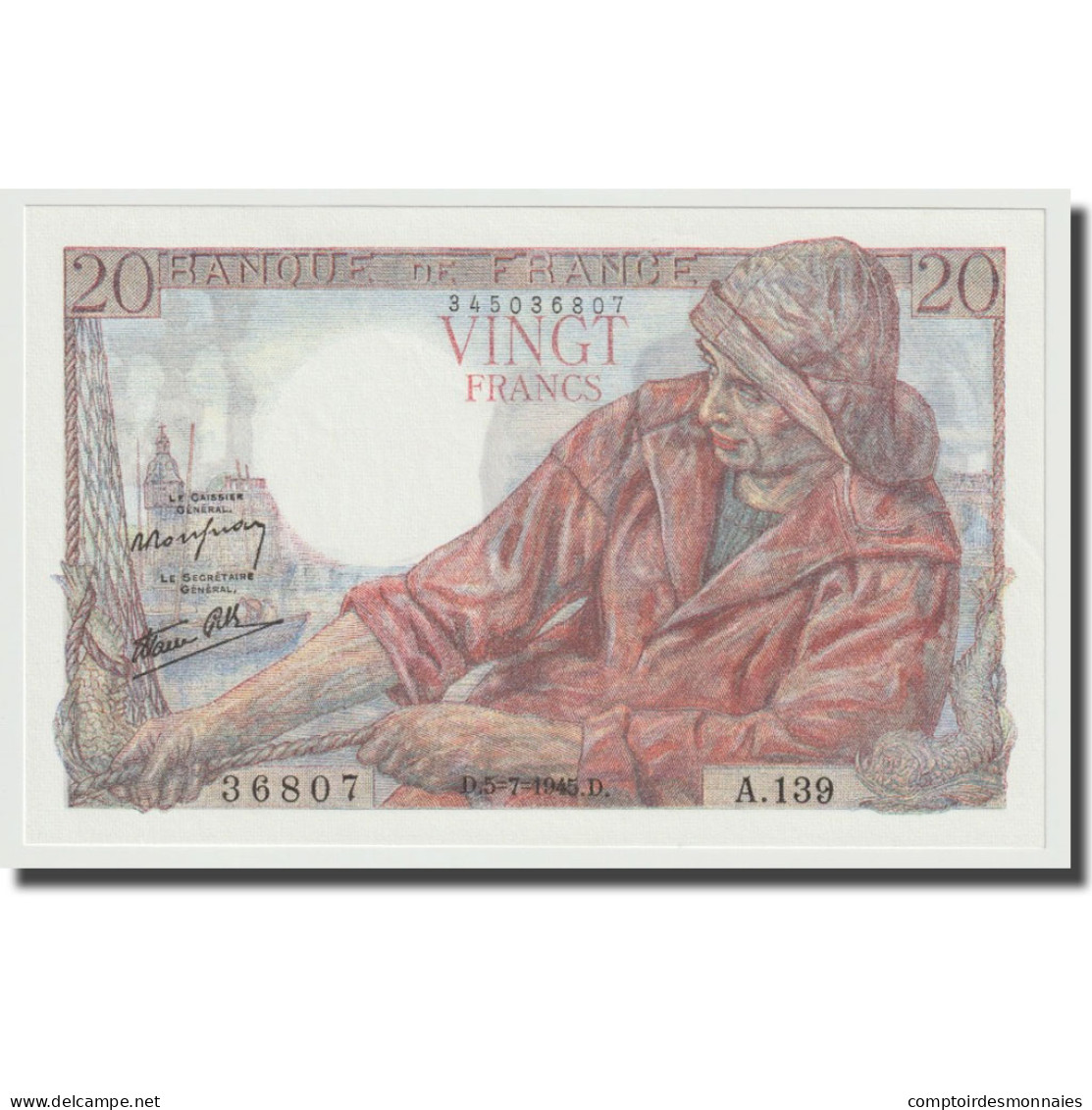 France, 20 Francs, Pêcheur, 1945, 1945-07-05, TTB, Fayette:13.10, KM:100b - 20 F 1942-1950 ''Pêcheur''