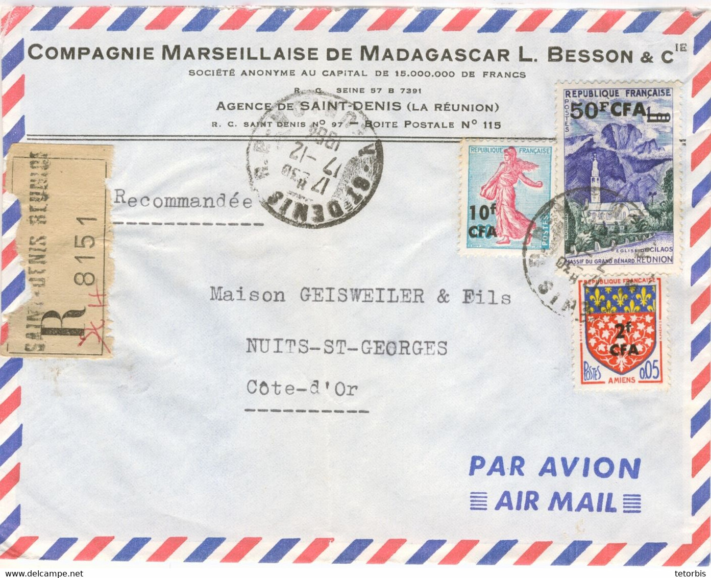 20C SEMEUSE PIEL SURCHARGE 10 CFA 50F/ 1F REUSNION 2F / 5C AMIENS TARIF LETTRE RECOMMANDEE / FRANCE 7/12/64 - Lettres & Documents