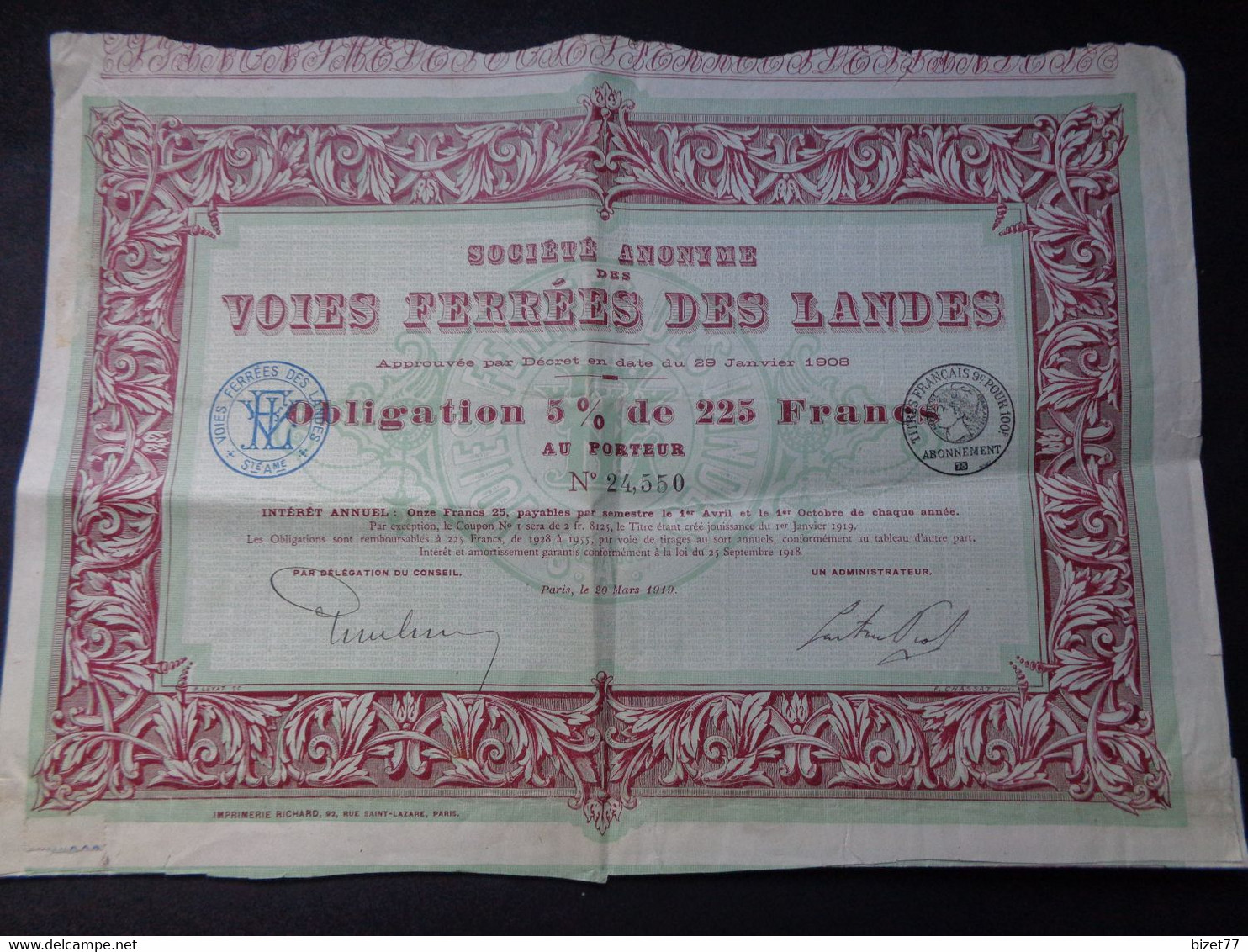 FRANCE - 40 - "IMPRIMERIE RICHARD" - VOIES FERREES DES LANDES - OBLIGATION 5 % 225 FRS - PARIS 1910 - PEU COURANT - Otros & Sin Clasificación