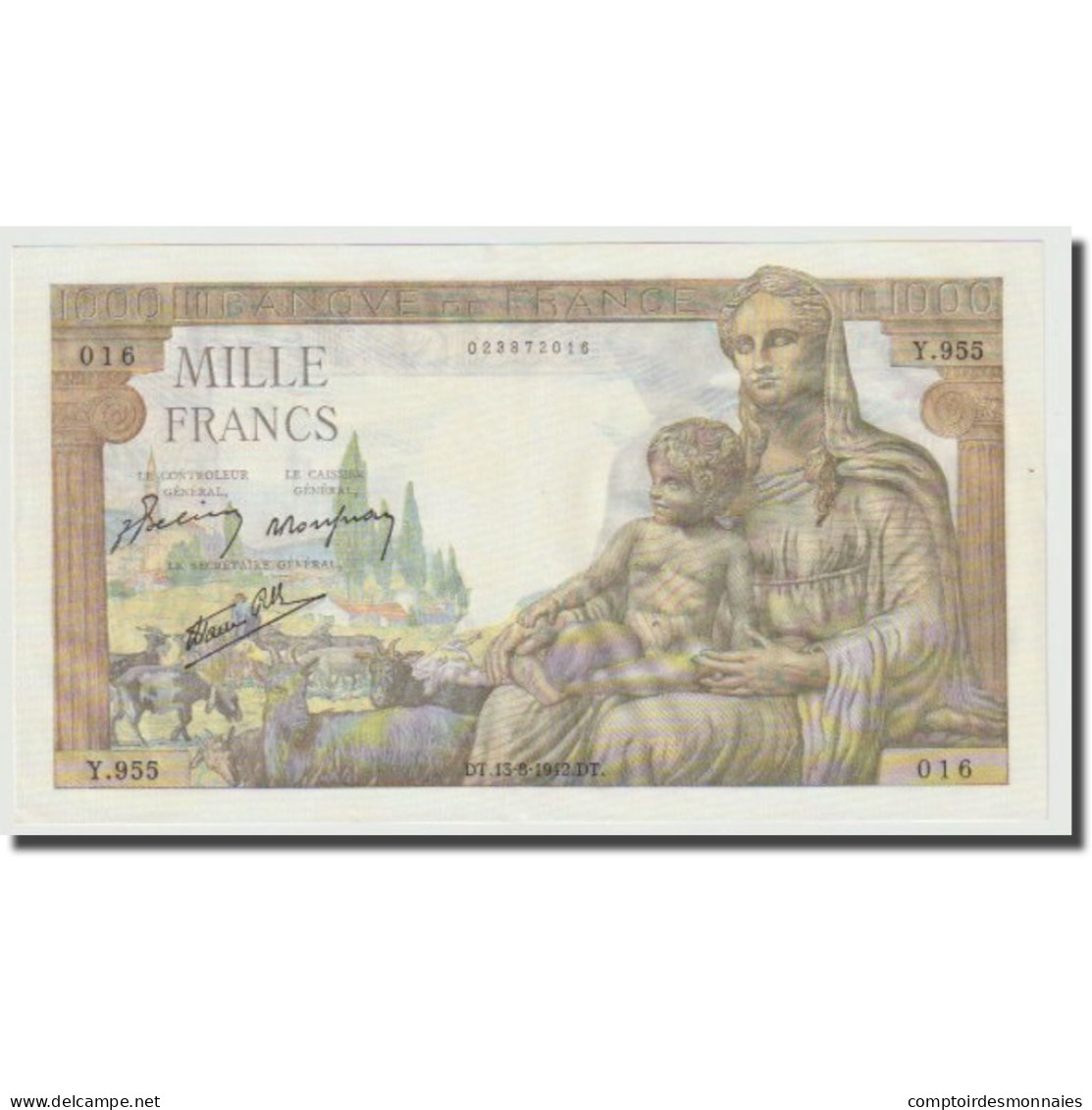 France, 1000 Francs, Déesse Déméter, 1942, 1942-08-13, TTB+, Fayette:40.4 - 1 000 F 1942-1943 ''Déesse Déméter''