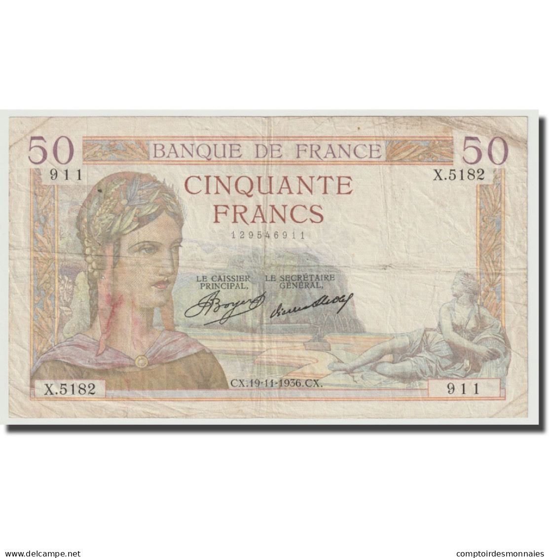 France, 50 Francs, Cérès, 1936, 1936-11-19, TB+, Fayette:17.5, KM:81 - 50 F 1934-1940 ''Cérès''