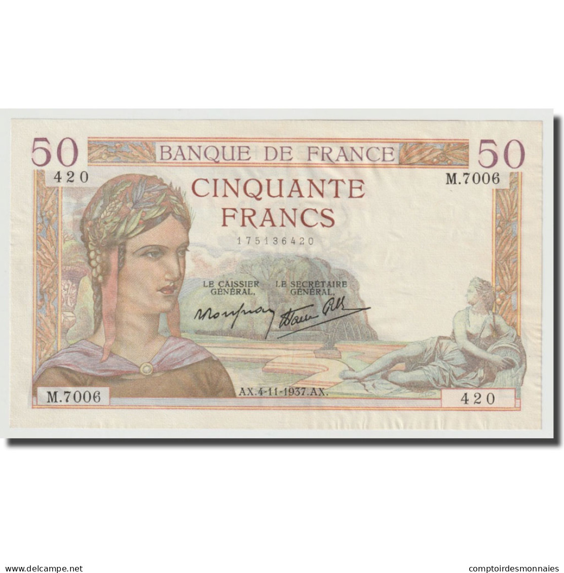 France, 50 Francs, Cérès, 1937, 1937-11-04, SPL+, Fayette:18.4, KM:85b - 50 F 1934-1940 ''Cérès''