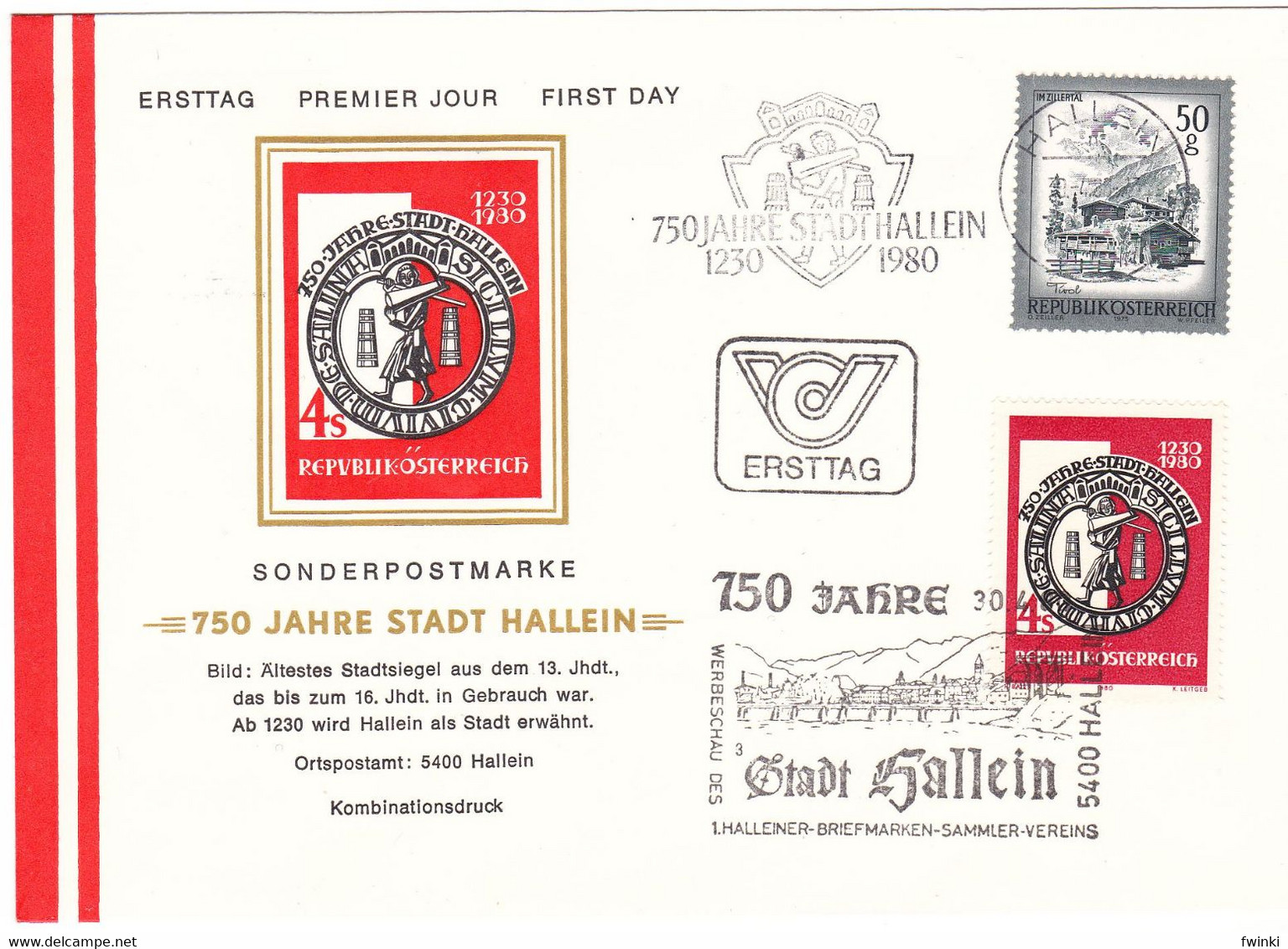Ö 1980 - Mi:1637+1475 (1) , FDC - 750 Jahre Stadt Hallein  + Freimarke : Schönes Österreich , SST 5400 Hallein - Storia Postale