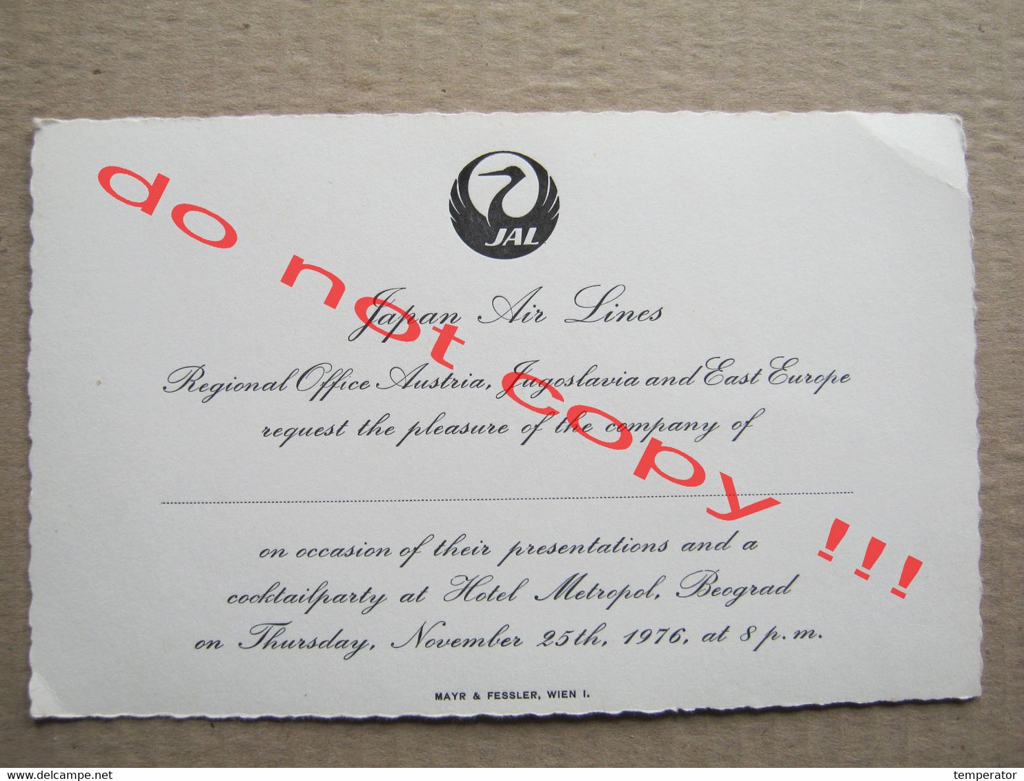 JAL Japan Air Lines / Invitation Card - Cocktail Party At Hotel " METROPOL ", Belgrade ( 1976 ) - Tickets