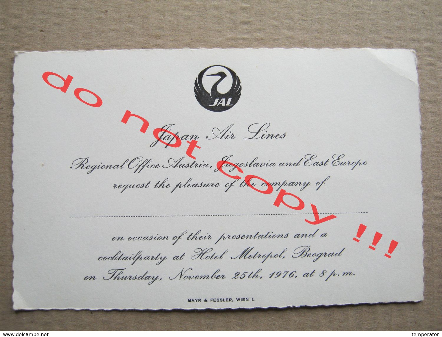 JAL Japan Air Lines / Invitation Card - Cocktail Party At Hotel " METROPOL ", Belgrade ( 1976 ) - Biglietti