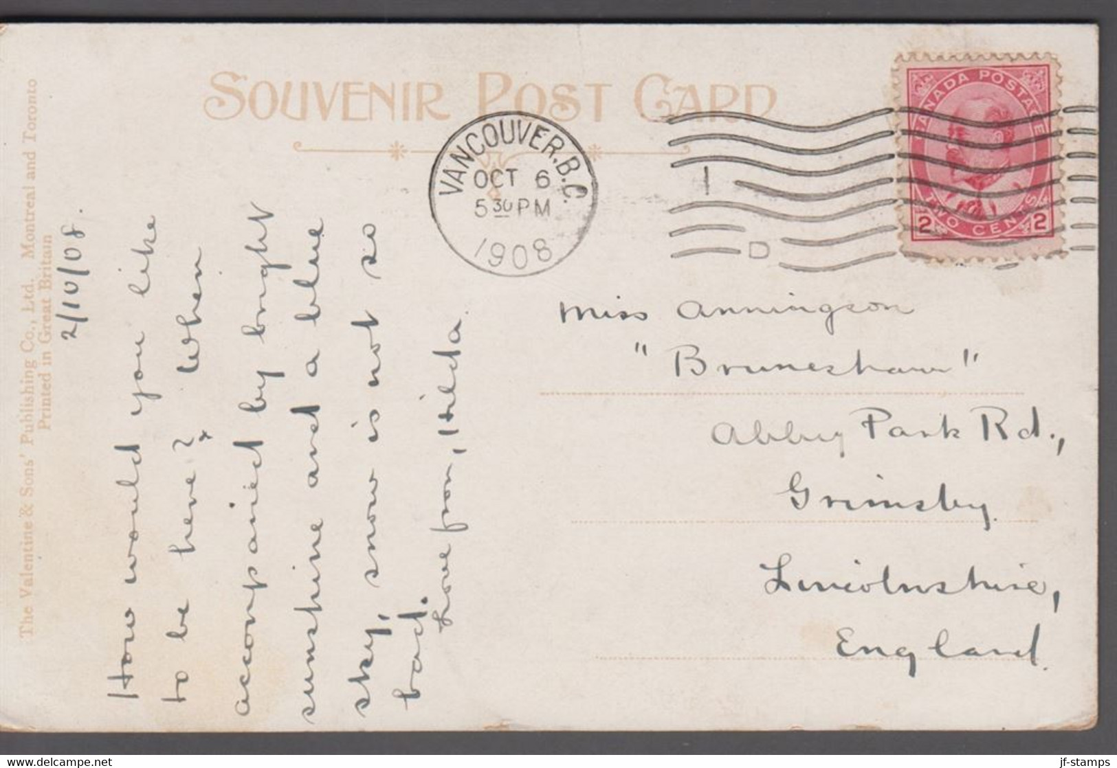 1908. CANADA. EDWARD 2 CENTS. VANCOVER B.C. OCT 6 1908. Post Card Motive: Life In The... (Michel 78) - JF413437 - Storia Postale