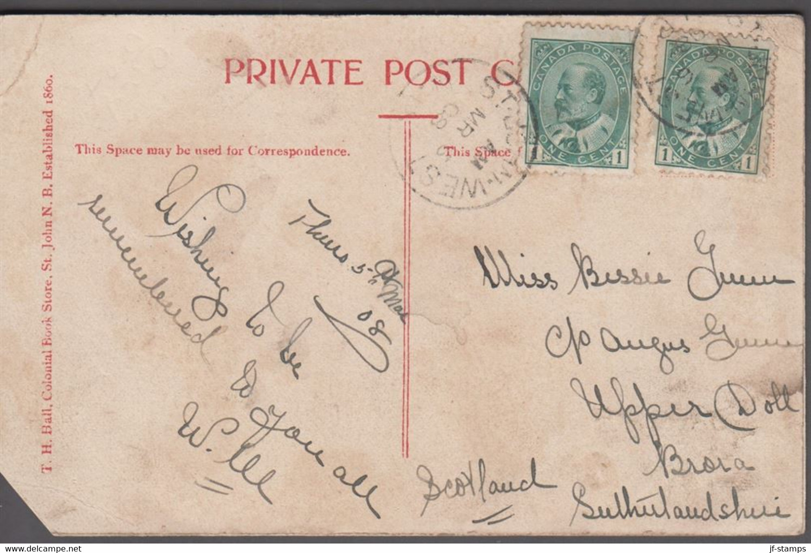 1908. CANADA. 2 Ex 1 CENTS. ST. JOHN WEST MR 6 08. Post Card (folds) Motive: Immigran... (Michel 77) - JF413439 - Covers & Documents