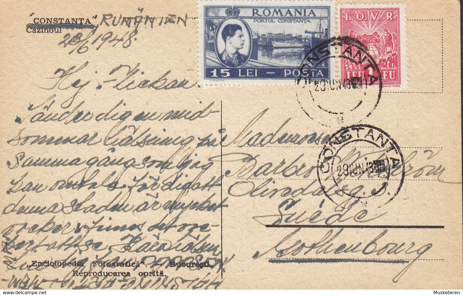 Romania PPC Constanta Cazinoul CONSTANTA 1948 To Sweden Post-Steuermarke I.O.V.R. (2 Scans) - Briefe U. Dokumente