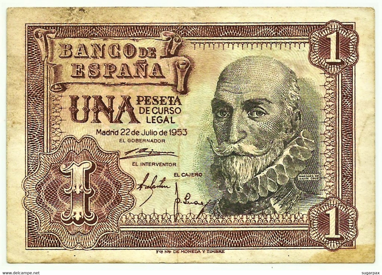 ESPAÑA - 1 Peseta - 22.07.1953 - Pick 144 - SERIE F - Spain - Marquês De Santa Cruz - 1-2 Pesetas