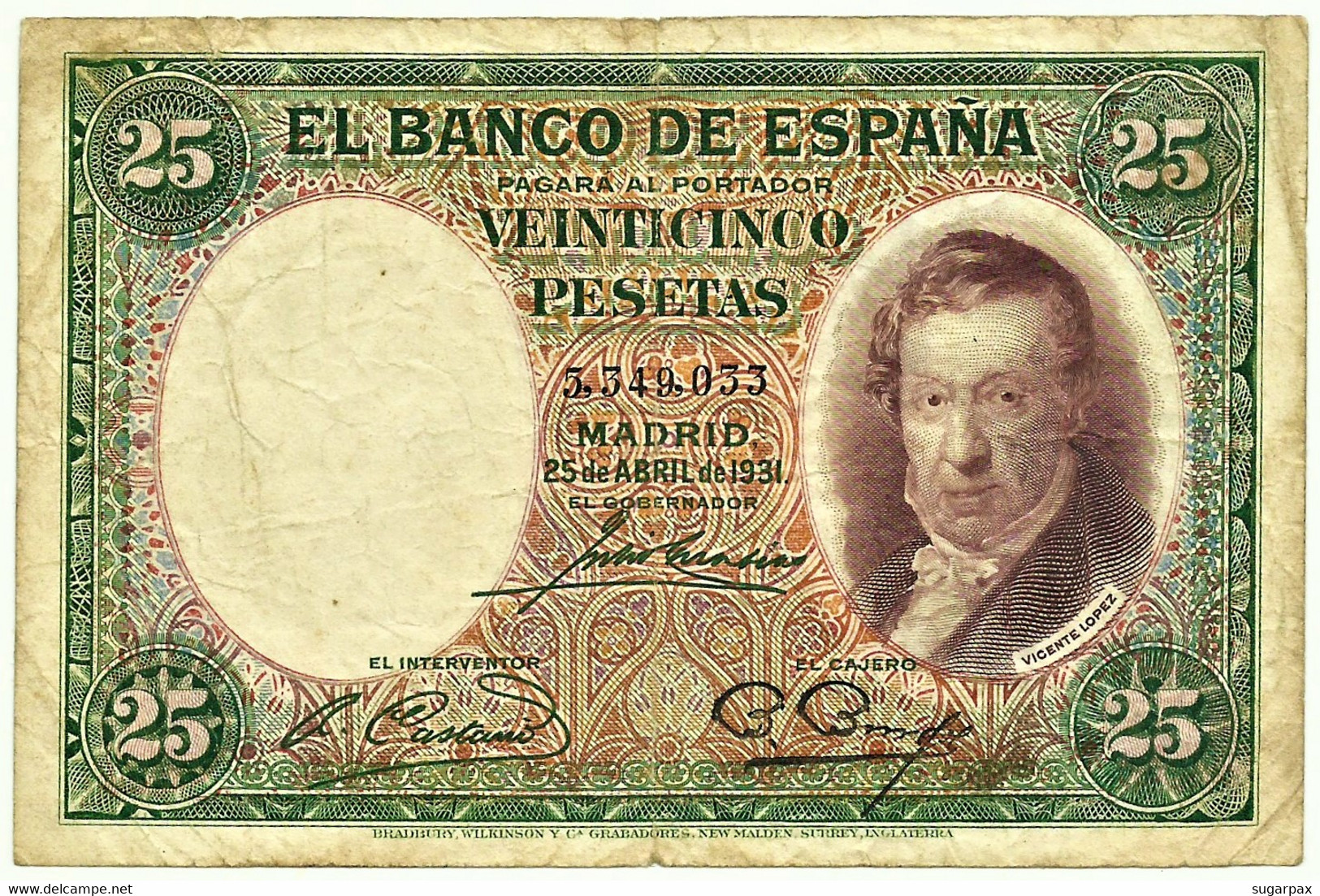 ESPAÑA - 25 Pesetas - 25.04.1931 - Pick 81 - Vicente Lopez - II Republica - 25 Pesetas