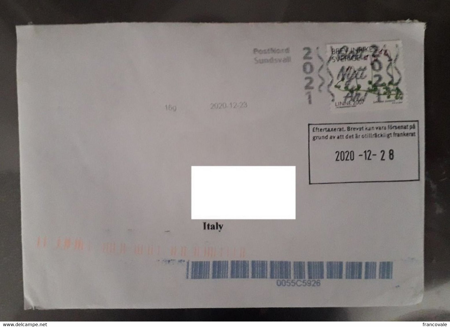 Sweden 2020 Post History Letter Sent December 2020 To Italy Stamp 2007 And Several Mechanical Printing - Privacy - Lettres & Documents