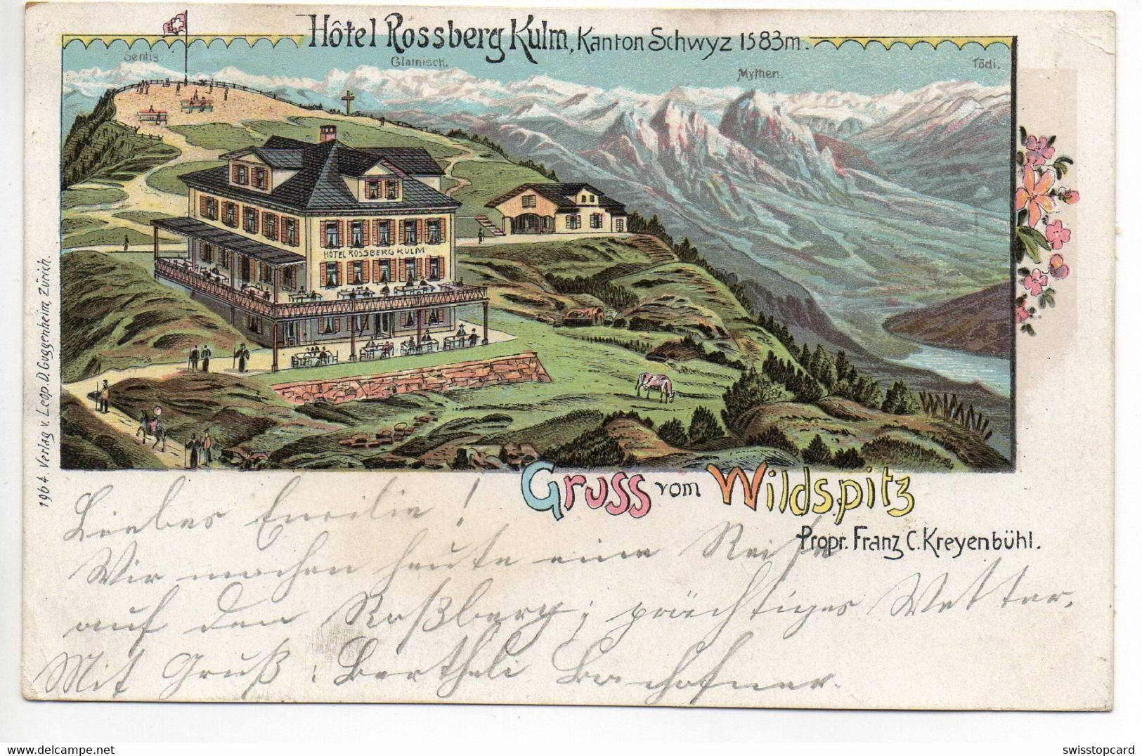 LITHO Gruss Vom WILDSPITZ Hôtel Rossberg Propr. Franz C. Kreyenbühl Gel. 1902 V. Sattel N. Grüningen Stempel Hotel - Sattel