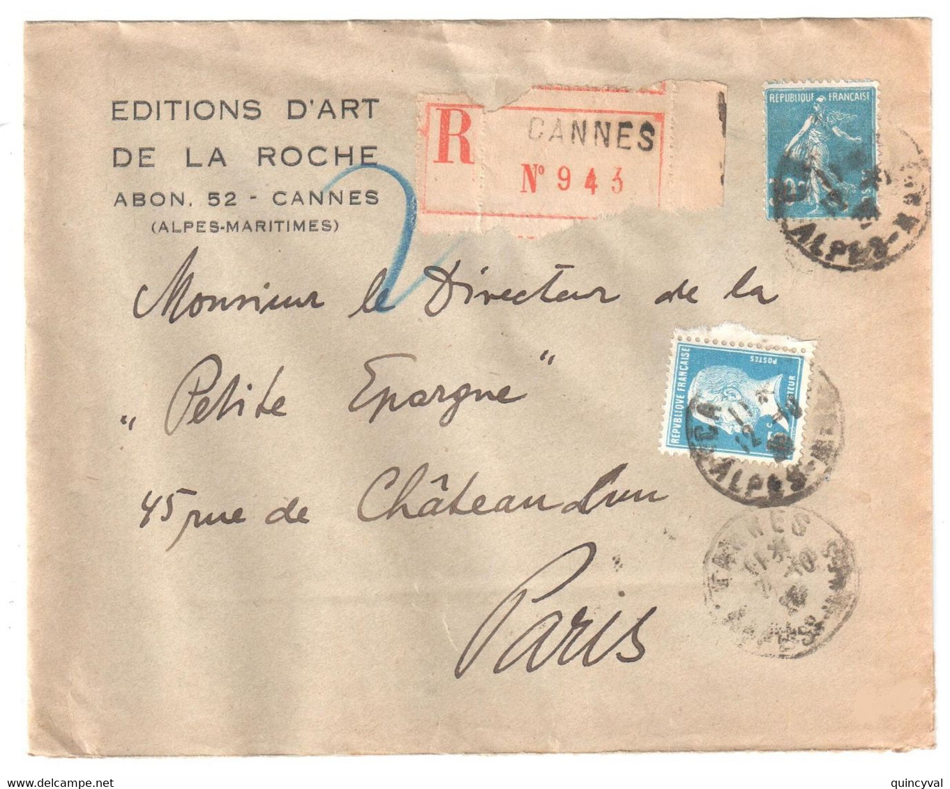 CANNES Alpes Maritimes Lettre Entête EDITION ART LA ROCHE Recommandée 30c Semeuse Bleu 75c Pasteur Yv 192 177 - Brieven En Documenten