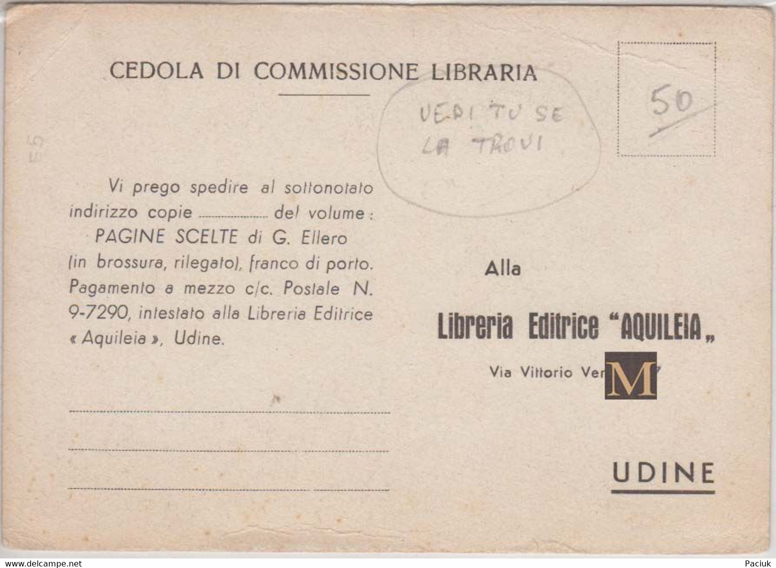 Cedola Di Commissione Libraria - Giuseppe Ellero - Xilografia Di T. Marangoni - 1950 - Libreria Editrice Aquileia - UD - Matériel Et Accessoires