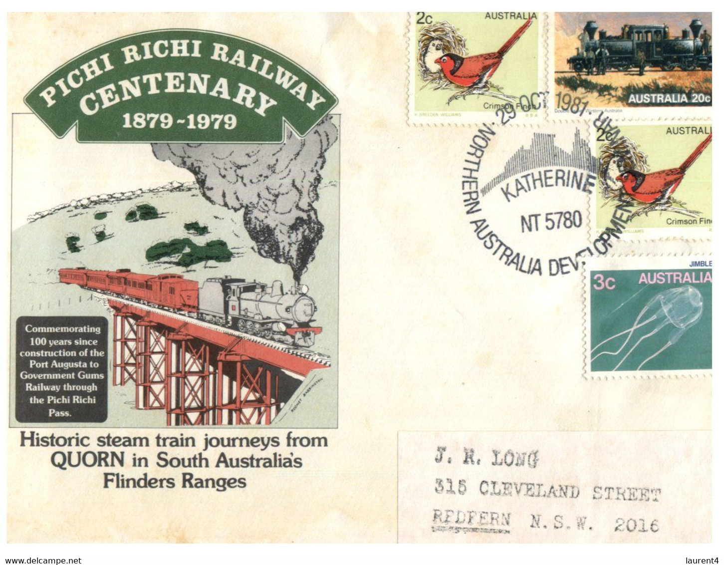 (FF 24) Australia - Pitchi Railway Centenary (1 Cover 1981) Catherine NT Postmark - Andere & Zonder Classificatie