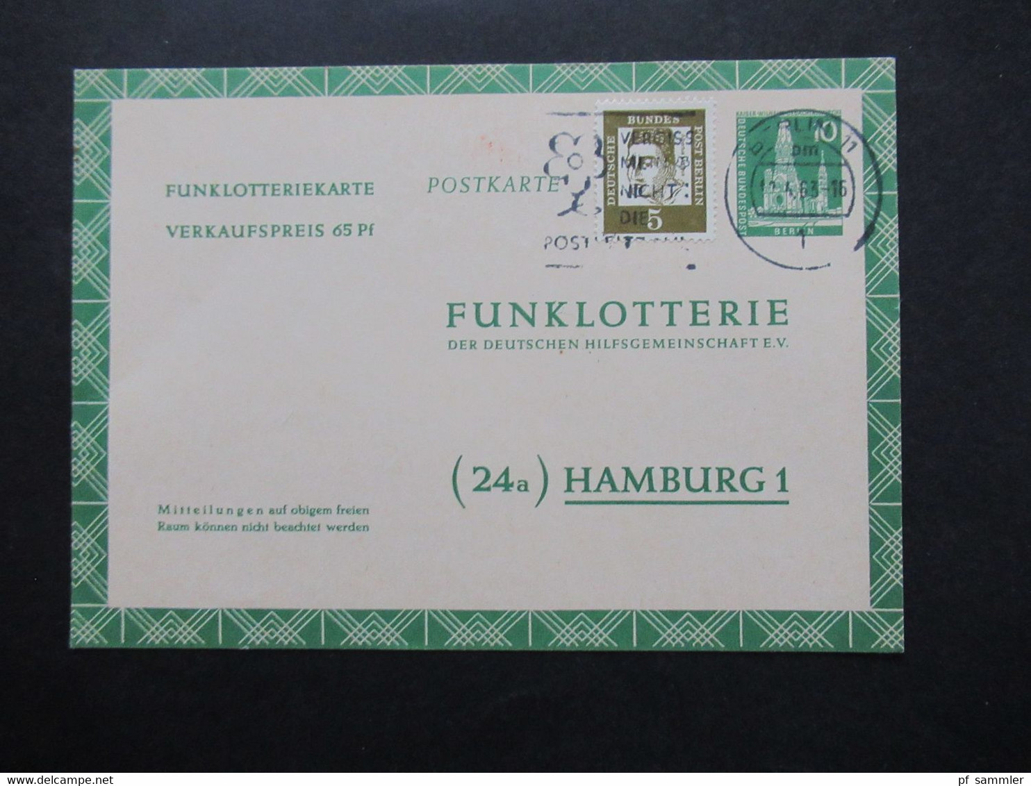 Berlin 1961 Funklotterie Postkarte FP 5 Mit Zusatzfrankatur Bedeutende Deutsche Sonderfrage Struwelpeter - Cartas & Documentos