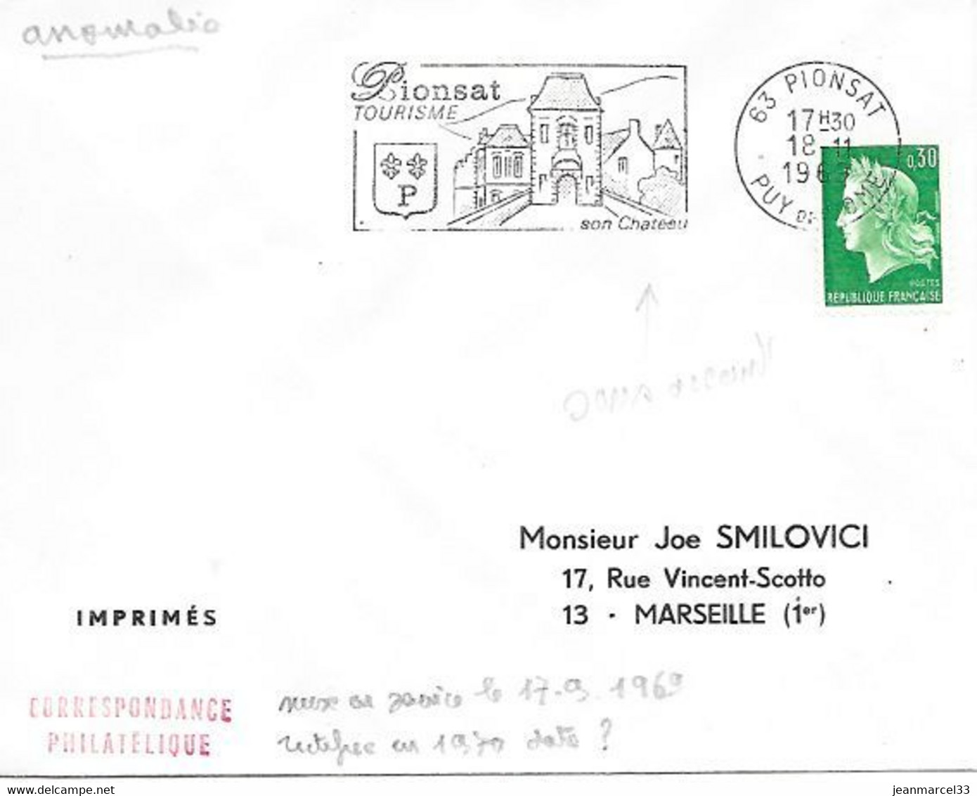 Curiosité 63 Pionsat 18-11 1969, Sans Accent Sur Le A De Château - Covers & Documents