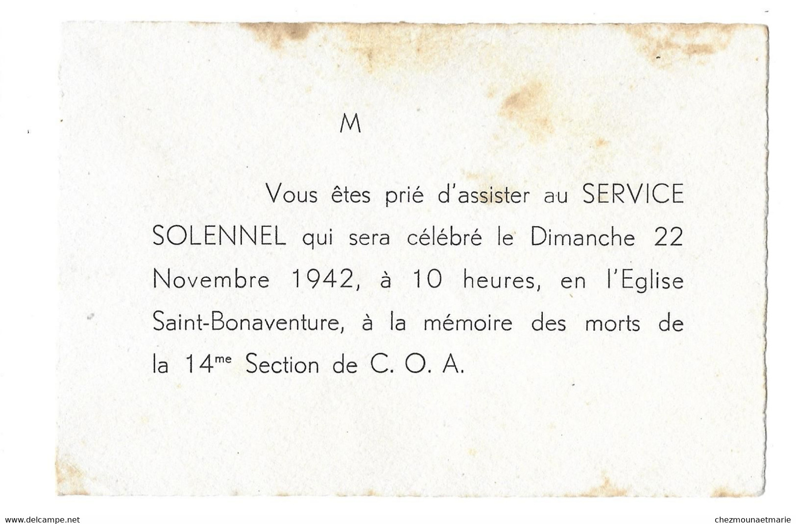 1942 EGLISE SAINT BONAVENTURE - A LA MEMOIRE DES MORTS DE LA 14EME DE COA - INVITATION AU SERVICE SOLENNEL - Décès