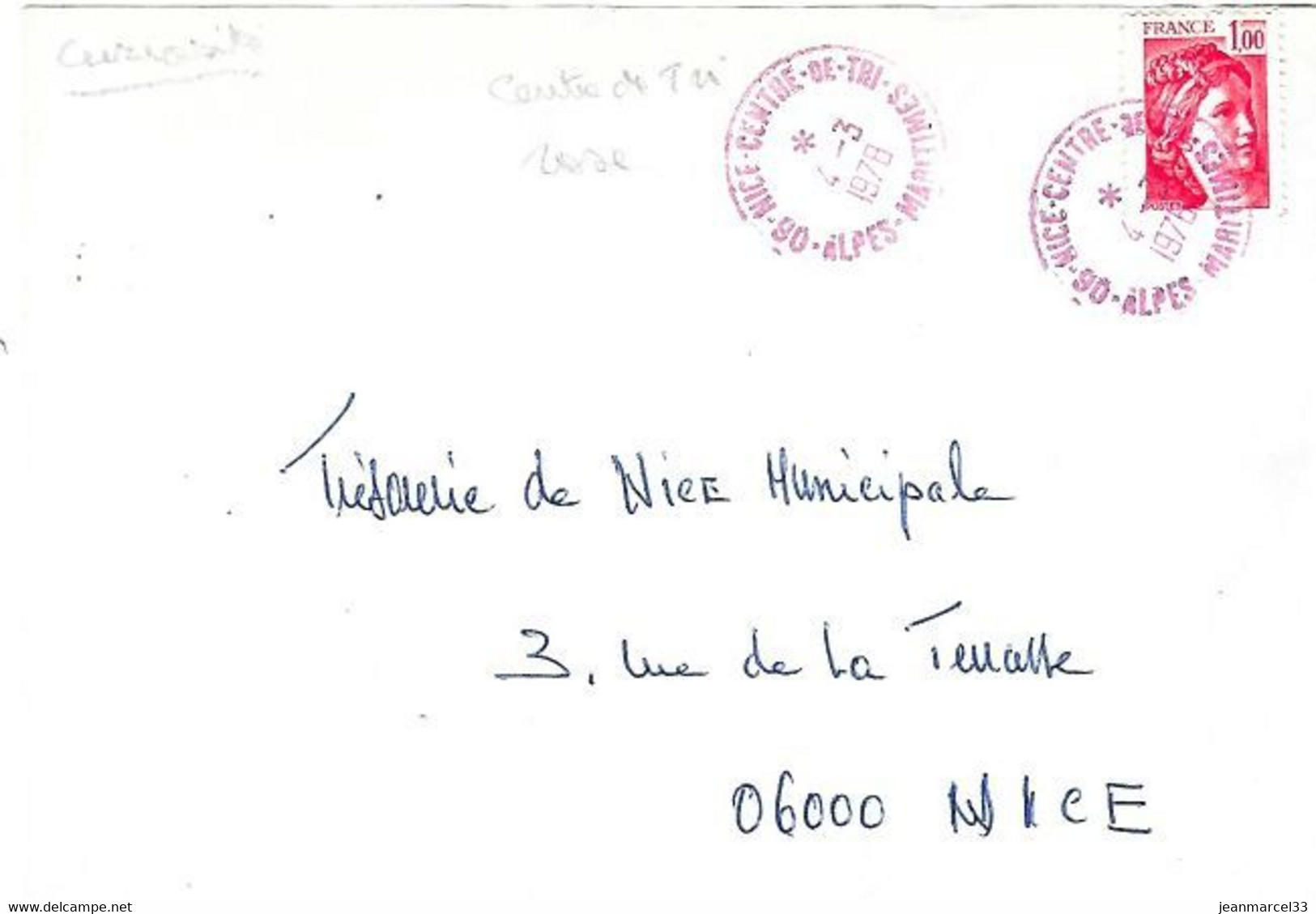 Curiosité 06-Nice-Centre-de-Tri 4-3 I978, Cachet Manuel En Rouge Au Lieu De Noir - Briefe U. Dokumente